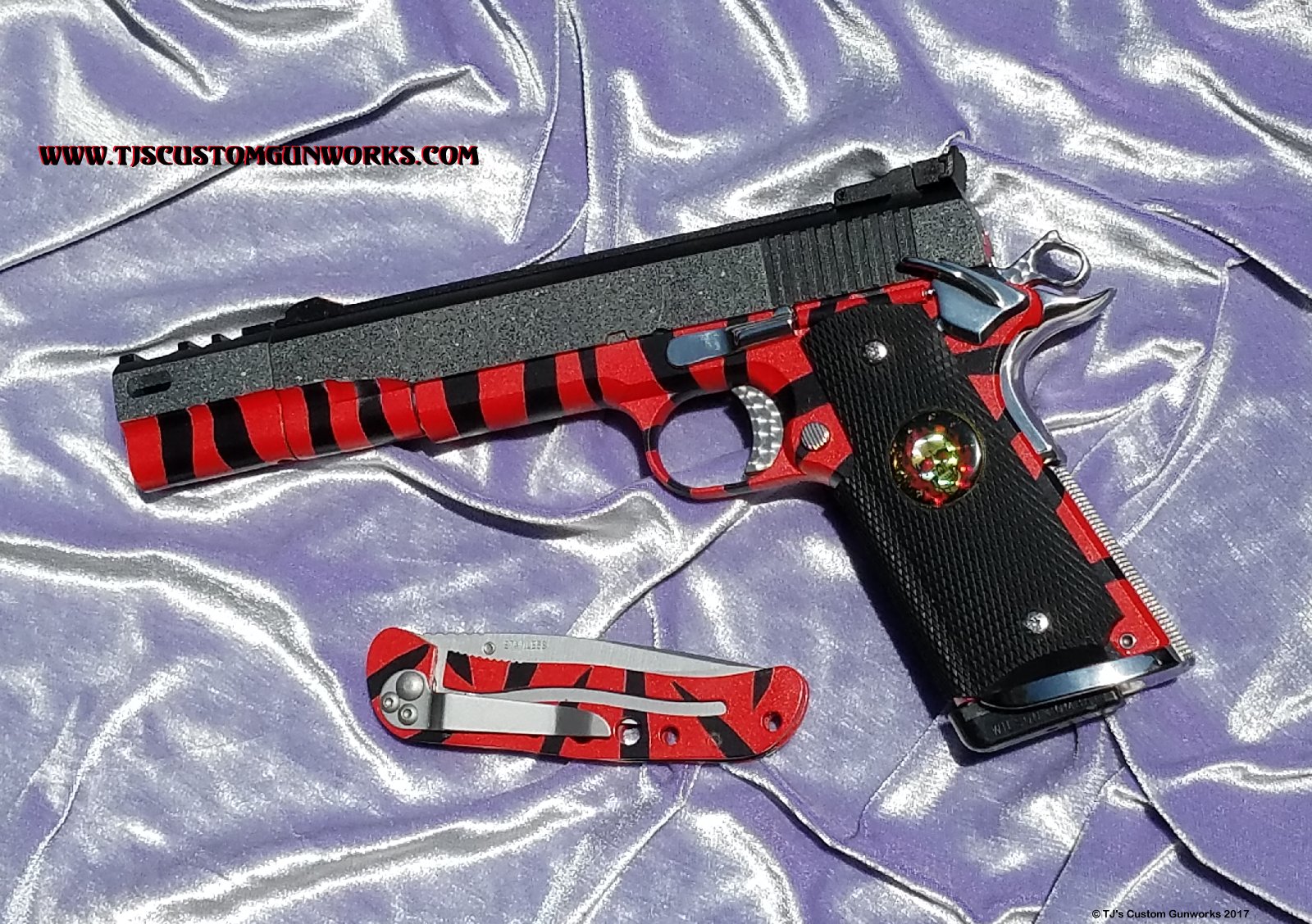 Custom Detonics Scoremaster .45 Comp Gun with Red Tiger Striped Duracoating