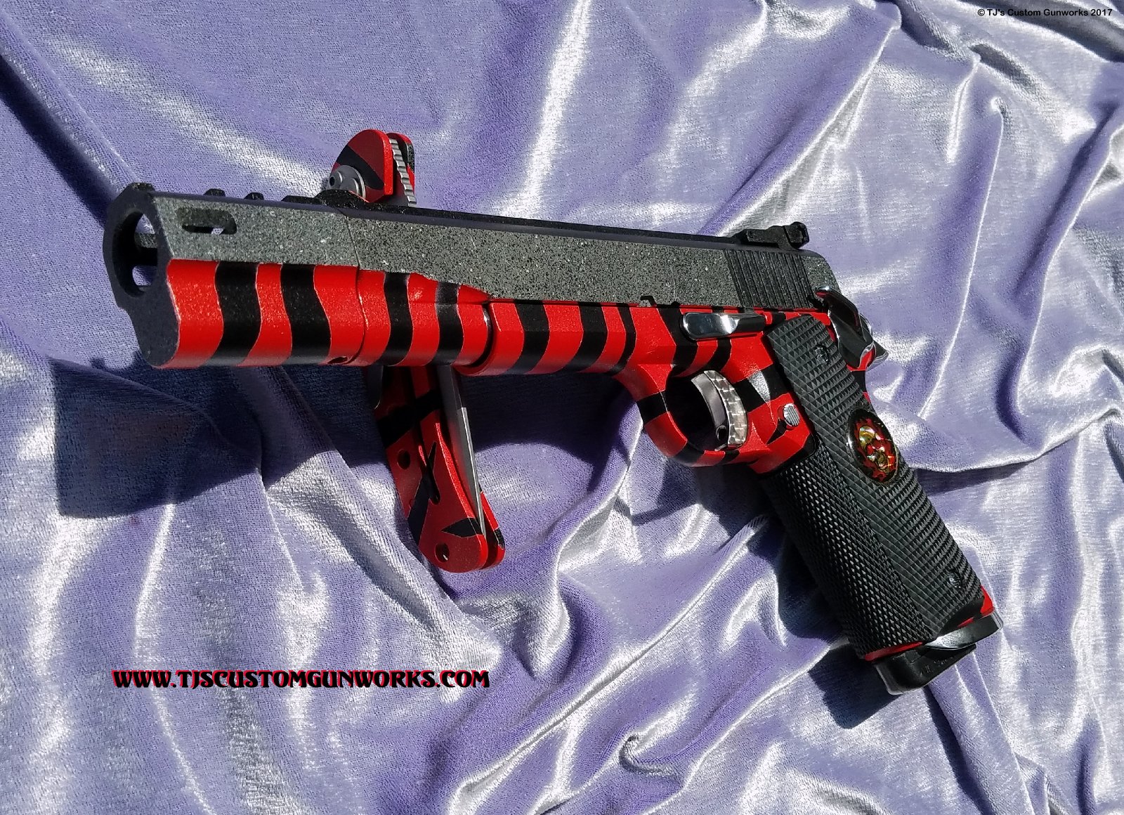 Custom Detonics Scoremaster .45 Comp Gun with Red Tiger Striped Duracoating