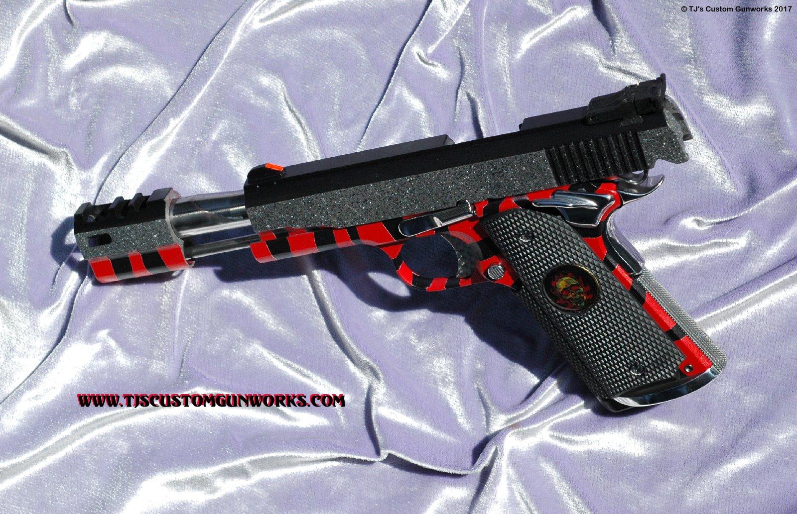 Custom Detonics Scoremaster .45 Compensated Gun with Red Tiger Striped Duracoating